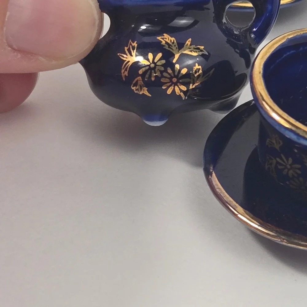 Cobalt Blue Miniature Porcelain Tea Set Gold Trim Fragonard Courting Couple 9pc